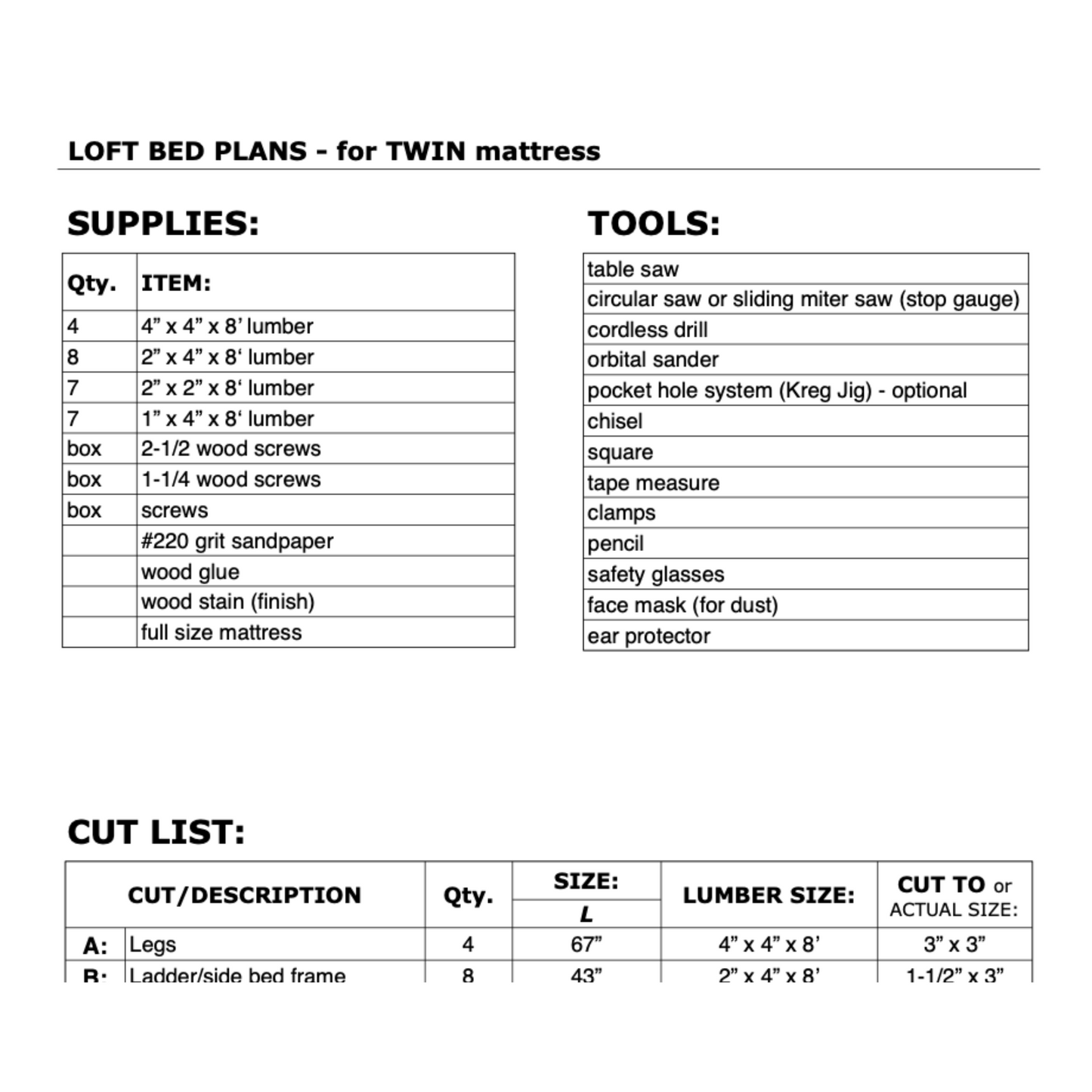 DIY Loft Bed Plans For TWIN Mattress